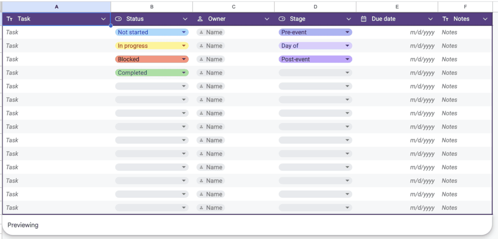 Google Sheets Templates - Event Tasks